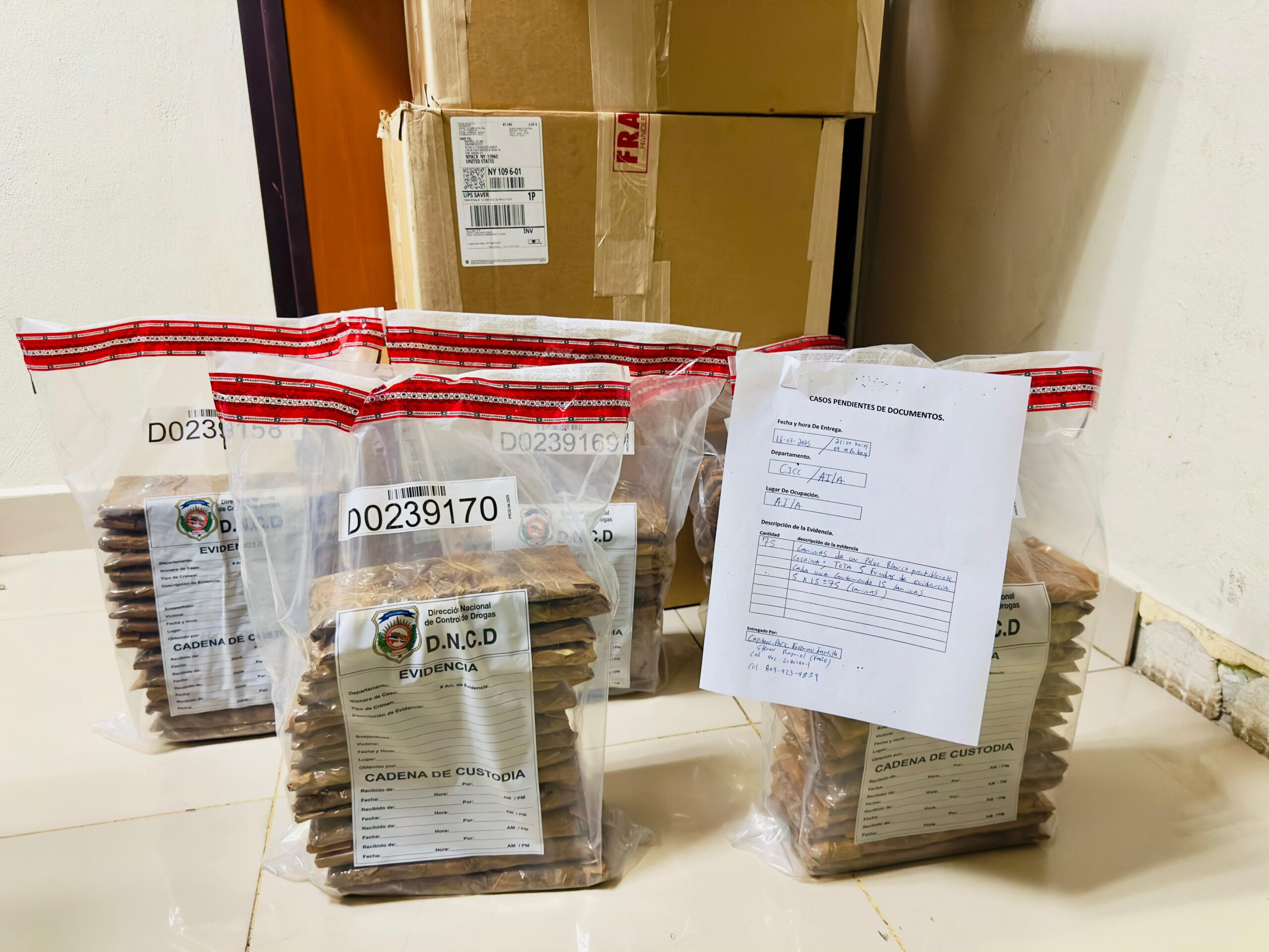 DNCD detiene él envió a Los Estados Unidos de 75 lamias de cocaína camufladas en cajas de tabaco